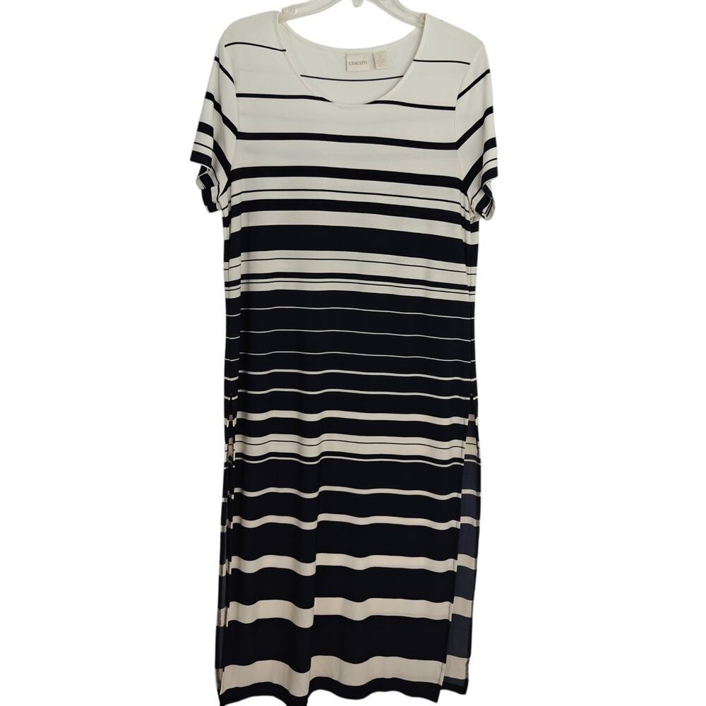 Chico's Coastal Striped Long Tunic Top Size Large / 2 Navy Blue White Stretch - Picture 2 of 7